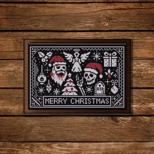 May include: A framed cross-stitch design with a dark theme. The design features a Santa Claus with a bloody beard, a skull wearing a Santa hat, an angel, a Christmas tree, and the text "MERRY CHRISTMAS".