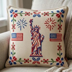 Peut inclure: Coussin carré avec un fond crème. Le coussin présente un motif au point de croix de la Statue de la Liberté, des drapeaux américains et des feux d'artifice en rouge, blanc et bleu. Une bordure florale rouge, bleue et verte entoure le motif central.