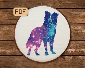 Galaxy Dog Cross Stitch Pattern, Border Collie Crossstitch PDF, Animal Embroidery Design, Instant Download