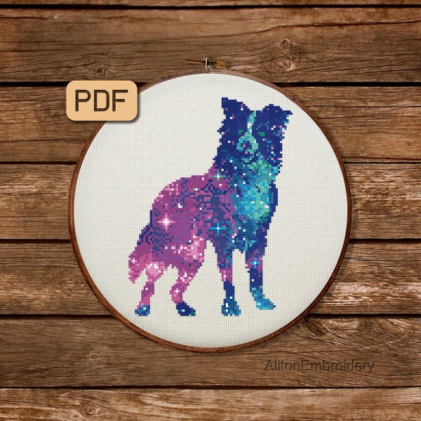Galaxy Dog Cross Stitch Pattern, Border Collie Crossstitch PDF, Animal Embroidery Design, Instant Download