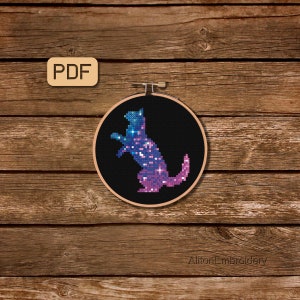 Galaxy Cat Cross Stitch Pattern, Small Animal Crossstitch PDF, Mini Embroidery Design, Instant Download