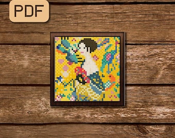 Lady with a fan cross stitch pattern Mini art cross stitch painting Gustav Klimt needlepoint artwork Small cross stitch pdf Instant download