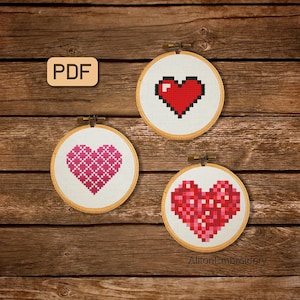 3 Tiny Heart Cross Stitch Patterns Small Valentine Cross Stitch PDF Mini Embroidery Design Instant Download