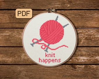 Knit Happens Cross Stitch Pattern, Geek Crossstitch PDF, Funny Embroidery Design, Instant Download