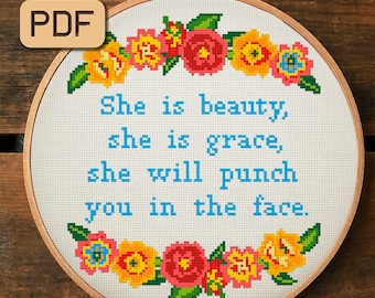 Patrón de punto de cruz feminista divertido: Golpéate en la cara (patrón PDF)