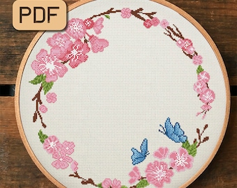 Floral border cross stitch pattern, Cherry blossoms cross stitch chart, Flower wreath cross stitch pdf, Instant download