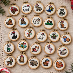 Bundel met 25 mini-kerstdiertjes borduurpatronen, kleine kerstornamenten borduurset (PDF)