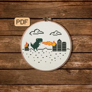 Funny Dinosaur Cross Stitch Pattern, T-Rex Dino Embroidery Design PDF, Instant Download