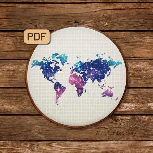 World Map Cross Stitch Pattern, Galaxy Crossstitch PDF, Earth Embroidery Design, Instant Download