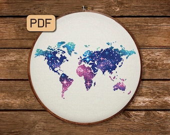 World Map Cross Stitch Pattern, Galaxy Crossstitch PDF, Earth Embroidery Design, Instant Download