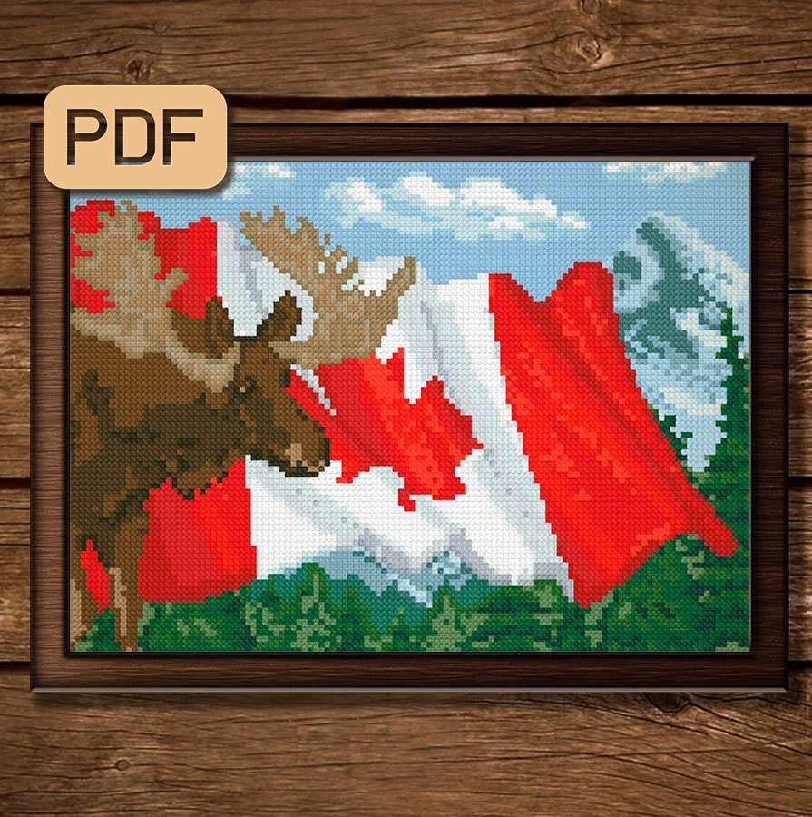 Canada Flag Cross Stitch Pattern Canadian Moose Needlepoint Etsy
