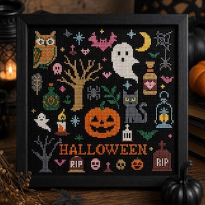 May include: A framed cross-stitch featuring Halloween-themed imagery. The design includes an owl, bats, a ghost, a black cat, a jack-o'-lantern, and the word "HALLOWEEN." The color palette is dominated by black, orange, and various other colors.
