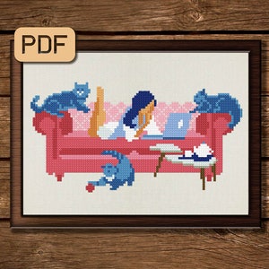 Modern cross stitch pattern, girl and cats embroidery, cute xstitch chart, easy cross stitch pattern pdf, digital download