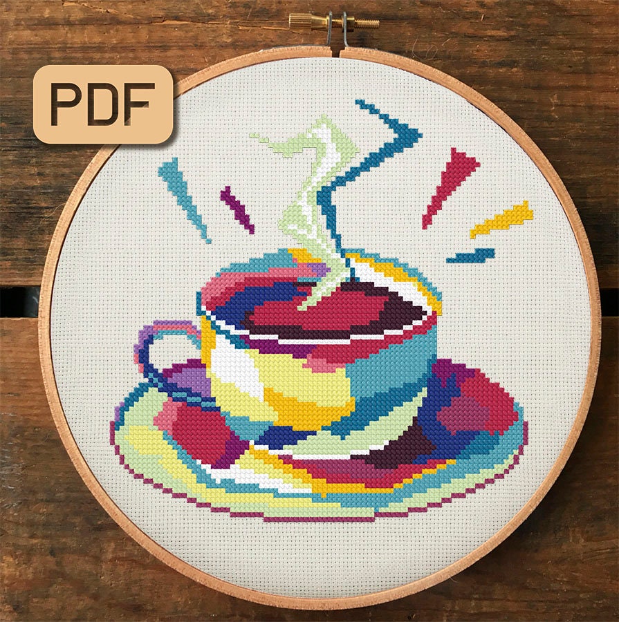 Coffee Cup Cross Stitch Pattern Colorful Needlepoint Teacup Etsy