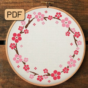 Floral Wreath Cross Stitch Pattern, Flower Circle Cross Stitch Pattern PDF