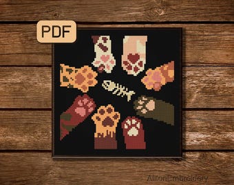 Patrón de punto de cruz divertido de huellas de gato, gráfico de punto de cruz de bruja (descarga en PDF)