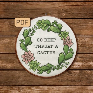 Funny Cross Stitch Pattern, Go Deep Throat A Cactus Crossstitch PDF, Sassy Embroidery Design, Instant Download