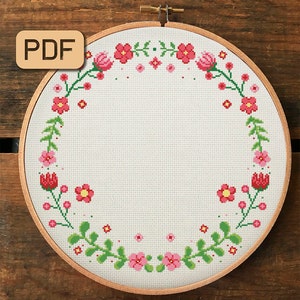 花輪のクロスステッチパターン、花のボーダークロスステッチPDF、かわいいクロスステッチデザイン