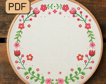 Flower Wreath Cross Stitch Pattern, Floral Border Cross Stitch PDF, Cute Cross Stitch Design