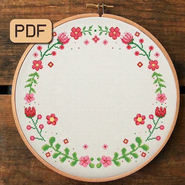 Floral Wreath Cross Stitch Pattern: Flower Border Design (PDF)