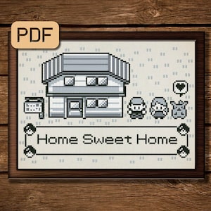 Puede incluir: Un patrón de punto de cruz pixelado de una casa con un letrero que dice "Home Sweet Home". Hay tres personajes de pie frente a la casa, dos de ellos llevan sombreros y el otro es un Pokémon.