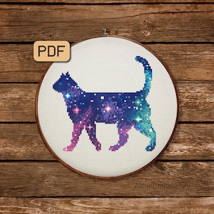 Galaxy Cat Cross Stitch Pattern, Animal Crossstitch PDF, Cat Silhouette Embroidery Design, Instant Download