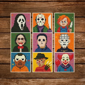 May include: Nine colourful cross-stitch portraits of horror movie characters, including Ghostface, Jason Voorhees, Chucky, Jigsaw, Michael Myers, Pinhead, Hannibal Lecter, Freddy Krueger, and a clown. Each portrait is set against a different coloured background.