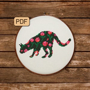 Floral Cat Cross Stitch Pattern, Black Cat Crossstitch PDF, Flower Animal Embroidery Design, Instant Download