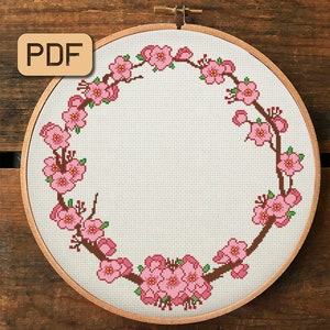 花輪のクロスステッチパターン、桜のクロスステッチパターンPDF、花の円のクロスステッチデザイン