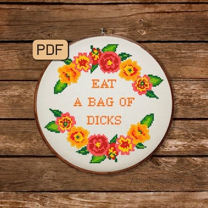 Funny Cross Stitch Pattern, Eat A Bag Of Dicks Crossstitch PDF, Snarky Embroidery Design, Instant Download