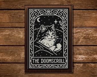 Roligt katt-tarotkort korsstygnsmönster: Sarkastisk gotisk doomscroll-broderidesign (PDF-diagram)