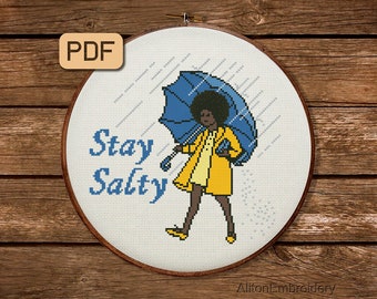 Patrón de punto de cruz Stay Salty, diseño de bordado divertido, PDF de punto de cruz de niña, descarga instantánea