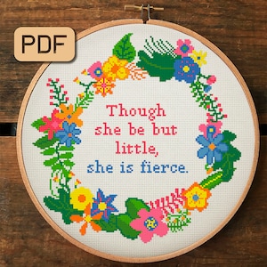 Though She Be But Little She Is Fierce Cross Stitch Pattern, Baby Girl Cross Stitch Pdf, Nursery Needlepoint Design