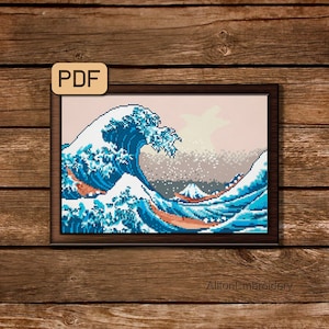 Modèle de point de croix grande vague, Hokusai point de croix PDF, motif de broderie peinture fine art, téléchargement immédiat