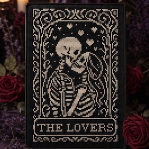 Gothic Love Tarot Cross Stitch Pattern: Funny The Lovers Skeleton Embroidery Design (PDF Chart)