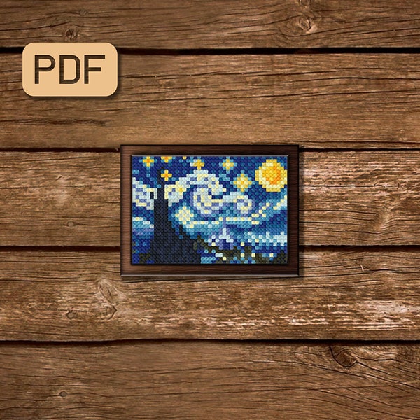 Starry night cross stitch pattern Mini art cross stitch famous painting Van Gogh needlepoint artwork Small cross stitch pdf Instant download