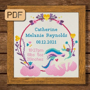 Birth Announcement Cross Stitch Pattern Unicorn Cross Stitch Design Baby Boy Girl Needlepoint Nursery Cross Stitch PDF Instant Download