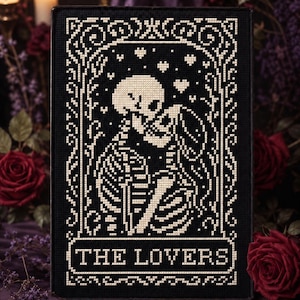 Gothic Love Tarot Cross Stitch Pattern: Funny The Lovers Skeleton Embroidery Design (PDF Chart)