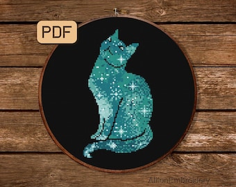 Cat Cross Stitch Pattern, Animal Crossstitch PDF, Galaxy Embroidery Design, Digital Download