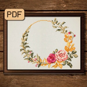 Floral Wreath Cross Stitch Pattern, Autumn Wreath Cross Stitch Pattern PDF