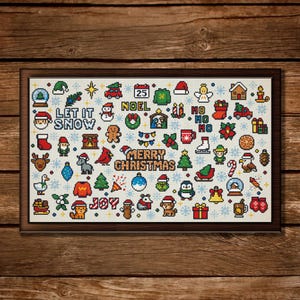 May include: A framed cross-stitch featuring a festive Christmas design. The artwork includes various holiday icons like Santa, snowmen, ornaments, and the text "Let it Snow," "Noel," "Merry Christmas," and "Joy."