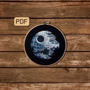 Schema punto croce Geek, PDF punto croce Morte Nera, disegno ricamo Star Wars, download istantaneo