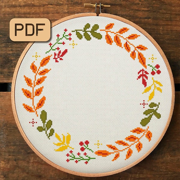 Autumn Wreath Cross Stitch Pattern, Fall Border Cross Stitch Pattern PDF, Autumnal Cross Stitch Design