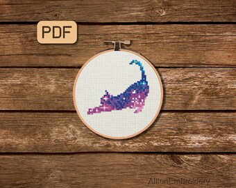 Galaxy Cat Cross Stitch Pattern, Small Animal Crossstitch PDF, Tiny Embroidery Design, Digital Download