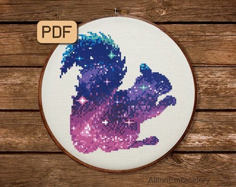 Squirrel Cross Stitch Pattern, Galaxy Crossstitch PDF, Animal Embroidery Design, Instant Download