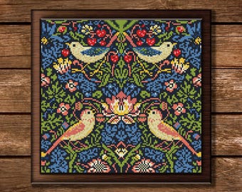 ウィリアム・モリス「いちご泥棒」クロスステッチ図案：刺繍PDF（即時