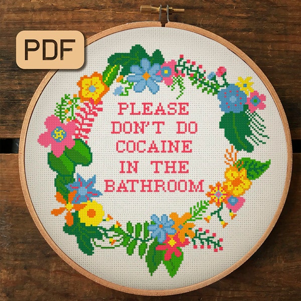 Please Don't Do Cocaine In The Bathroom Cross Stitch Pattern, Funny Cross Stitch Pdf, Inappropriate Cross Stitch Design