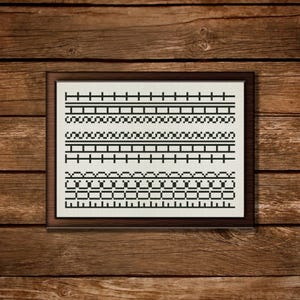 May include: A framed cross-stitch sampler featuring various black stitch patterns on an off-white background. The patterns include straight lines, zigzags, and geometric shapes. The frame is a dark brown color, and the background is a wooden surface.