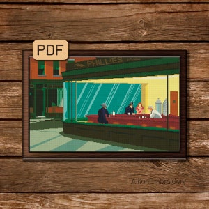 Nighthawks Cross Stitch Pattern, Famous Painting Crossstitch Art, Edward Hopper Embroidery Artwork PDF, Instant Download