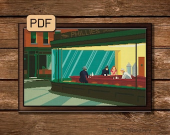 Nighthawks Kreuzstich Stickmuster: Edward Hopper Stickerei